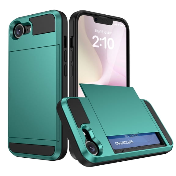 For iPhone 16e Case with ID Credit Card Holder, Dual Layer Shockproof Hidden Sliding Card Slot Wallet Anti-Scratch Hard Shell Rugged Back Cover Slim Phone Case,Blue