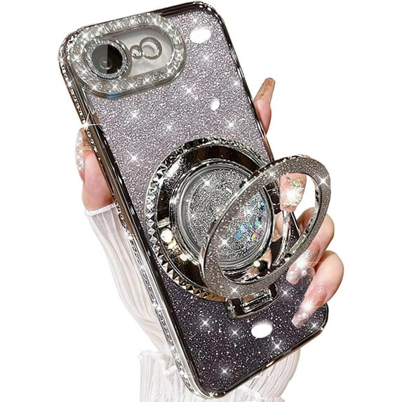 for iPhone 16e Case, Moving Liquid Sparkle Glitter Case with Kickstand, Women Bling Flowing Liquid Floating Rhinestones Ring Cover with Camera Lens Protector for iPhone 16e 6.1'' (Silver)
