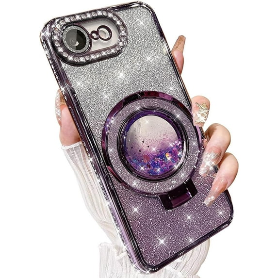 for iPhone 16e Case, Moving Liquid Sparkle Glitter Case with Kickstand, Women Bling Flowing Liquid Floating Rhinestones Ring Cover with Camera Lens Protector for iPhone 16e 6.1'' (Purple)