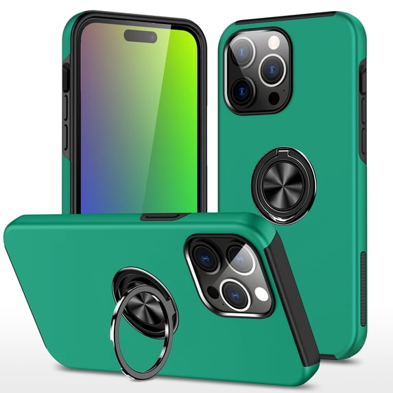 for iPhone 16e Case with Ring Stand, 360° Rotatable Ring Holder Magnetic Kickstand, 2-Layer Heavy Duty Shockproof Rugged Hybrid Hard PC Soft Rubber Case for iPhone 16e, Darkgreen