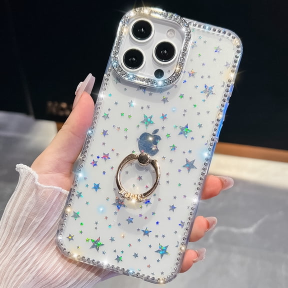 for iPhone 16e Case with Ring Stand, Glitter Phone Case with Secure Diamond Finger Ring & Kickstand, Women Girls Bling Luxury Anti-Scratch Protective Case for iPhone 16e, Star