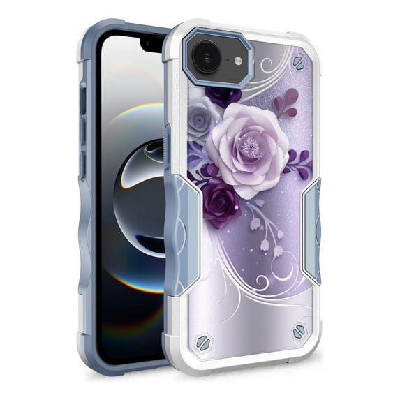 iPhone 16e Case, Rosebono Hybrid Dual Layer Graphic Design Pattern Heavy Duty Protection Case For iPhone 16e (Purple Flower)