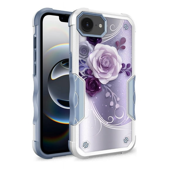 iPhone 16e Case, Rosebono Hybrid Dual Layer Graphic Design Pattern Heavy Duty Protection Case For iPhone 16e (Purple Flower)