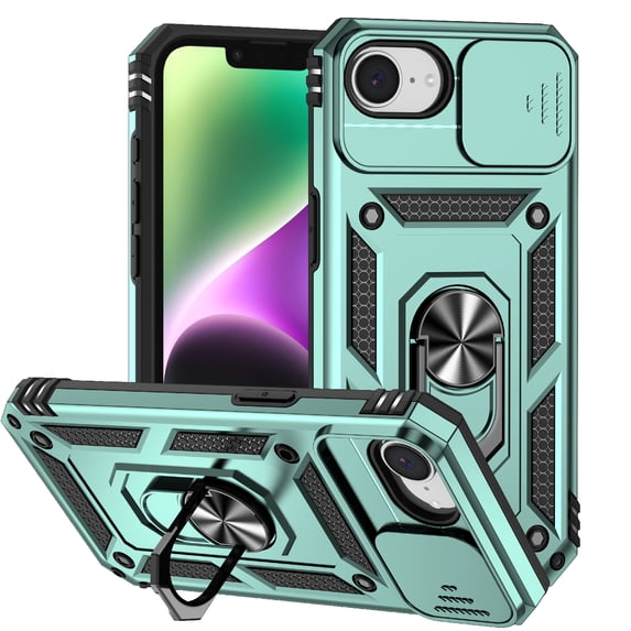 for iPhone 16e Case, Soft TPU & Hard PC Anti-scratch Sliding Cover Full Protection Ring Stand Rotating Kickstand Holder Magnetic Shockproof Phone Case Cover for iPhone 16e, Darkgreen