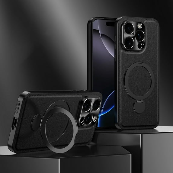 for iPhone 16e Case with Stand, Phone Case with Ring Holder Kickstand, Classic PU Leather Protective Case Support Magnetic Car Mount & Wireless Charging for iPhone 16e, Black