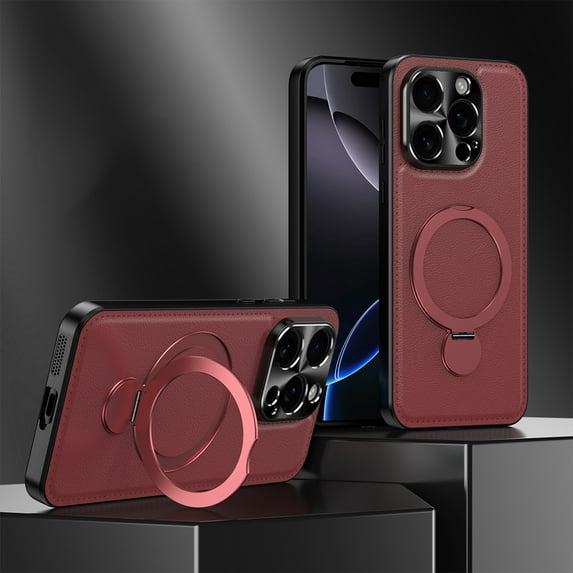 for iPhone 16e Case with Stand, Phone Case with Ring Holder Kickstand, Classic PU Leather Protective Case Support Magnetic Car Mount & Wireless Charging for iPhone 16e, Winered