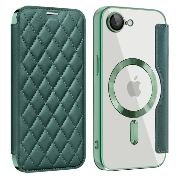 for iPhone 16e Case, Support Magnetic Wireless Charger, Slim Fit Flip Protective PU Leather Wallet Case with RFID Blocking Card Slot Build-in Len Protector for iPhone 16e, Darkgreen