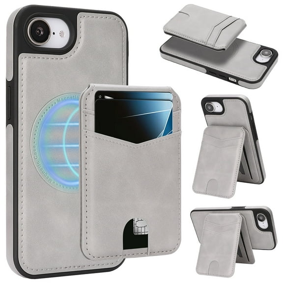 for iPhone 16e Case Wallet, 2 in 1 Detachable Magnetic with Card Holder Back Cards Slot RFID Blocking PU Leather Shockproof Protective Stand Phone Case Cover for Women Men - Gray