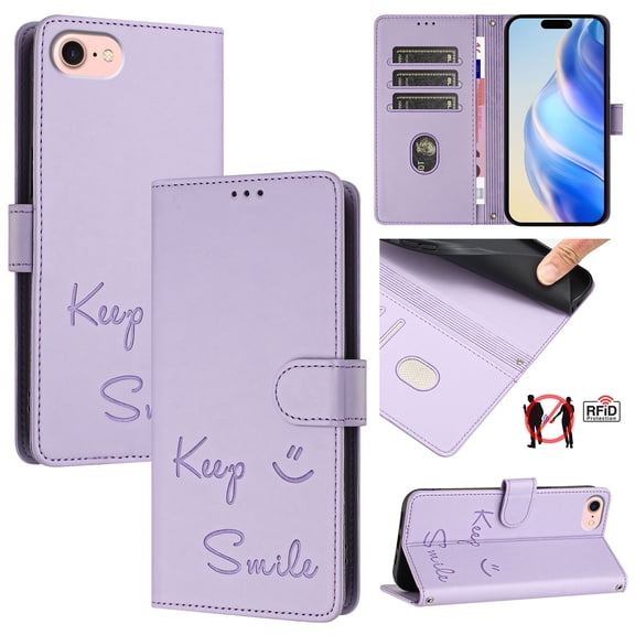 for iPhone 16e Case Wallet with RFID Blocking Card Holder, Shoulder Strap & Wrist Strap, Smile Pattern PU Leather Magnetic Clasp Flip Wallet Phone Case for iPhone 16e, Purple