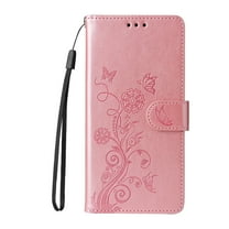 For iPhone 16e Case Wallet, Stylish Flower Butterfly Embossed PU Leather Flip Cover Stand Shockproof Cards Slots Hand Wrist Phone Case for Apple iPhone 16e, Pink