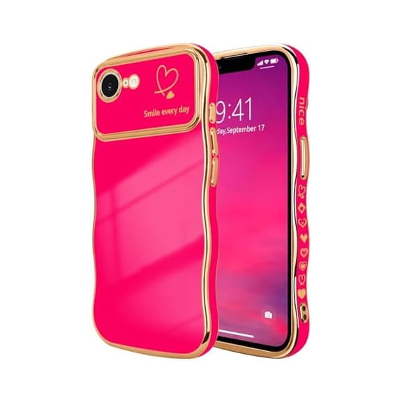 for iPhone 16e Case for Women Girls, Cute Wave Frame Curly Shape with Love Heart Pattern Raised Camera Protection Cover Luxury Plating Shockproof Phone Case for iPhone 16e, Hot Pink