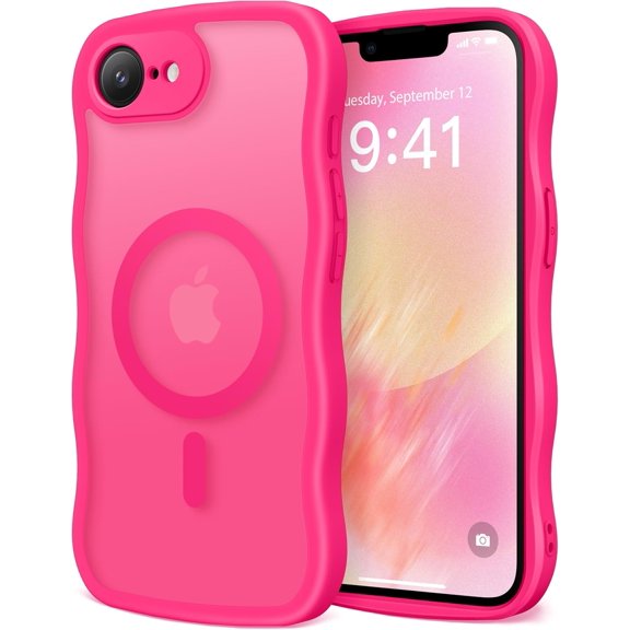 for iPhone 16e Case for Women Girls, Upgraded [Full Camera Protection] [Compatible with MagSafe] Cute Wave Translucent Matte Phone Case for iPhone 16e, HotPink