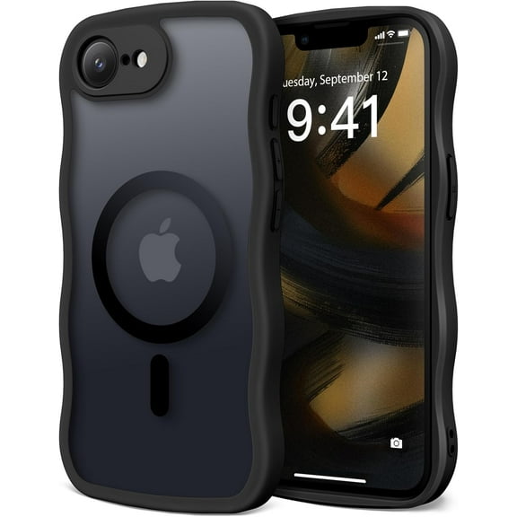 for iPhone 16e Case for Women Girls, Upgraded [Full Camera Protection] [Compatible with MagSafe] Cute Wave Translucent Matte Phone Case for iPhone SE 4 6.1-Inch, Black