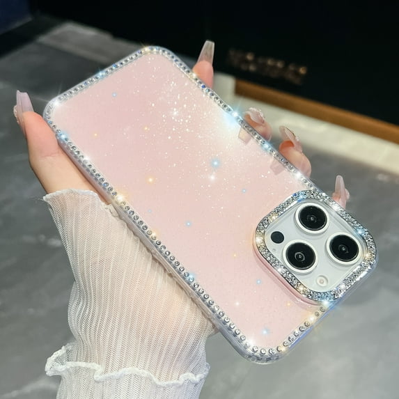 for iPhone 16e Case for Women, Glitter Back & Diamond Frame, Slim TPU Shockproof Cover Stylish Sparkly for Girls, Luxury Shockproof Drop Protection Anti-Scratch Phone Case, Light Pink