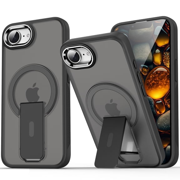 for iPhone 16e Clear Case [360°Rotatable Magnetic Ring Stand], [Compatible with Mag-Safe] Military Protection Hybrid Bumper, Wireless Charging Ring Holder Cover for Men Women,Black