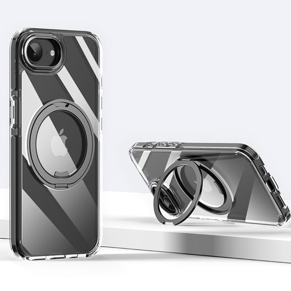 for iPhone 16e Clear Case with Rotatable Ring Stand Compatible with Mag-Safe Crystal Clear Shockproof Protective Phone Cover Non-Yellowing Transparent Case for iPhone 16e, Black