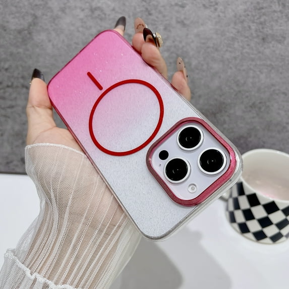 for iPhone 16e Clear Glitter Case with Gradient Color, Luxury Magnetic Back Compatible with MagSafe, Support Wireless Charging PC Protective Cover, Lightweight & Anti-Scratch, Red