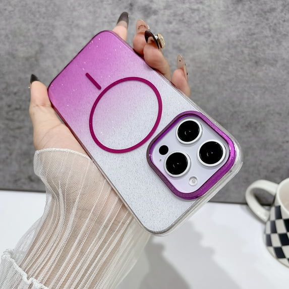 for iPhone 16e Clear Glitter Case with Gradient Color, Luxury Magnetic Back Compatible with MagSafe, Support Wireless Charging PC Protective Cover, Lightweight & Anti-Scratch, Purple