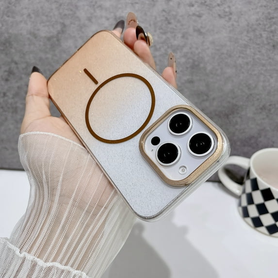 for iPhone 16e Clear Glitter Case with Gradient Color, Luxury Magnetic Back Compatible with MagSafe, Support Wireless Charging PC Protective Cover, Lightweight & Anti-Scratch, Gold