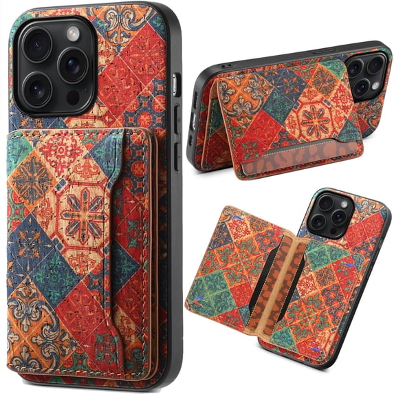 for iPhone 16e Cork Wood Phone Case, Retro Floral Colorful Flower Printing Magnetic Folio Flip ID/Credit Card Holder Slot Back Cover Bag, Kickstand Support