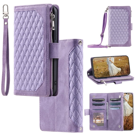 for iPhone 16e Crossbody Wallet Case Flip Stand PU Leather RFID Blocking Card Slots Shockproof Magnetic Closure Zipper Pocket with Detachable Hand Strap&Shoulder Strap Cover, Purple