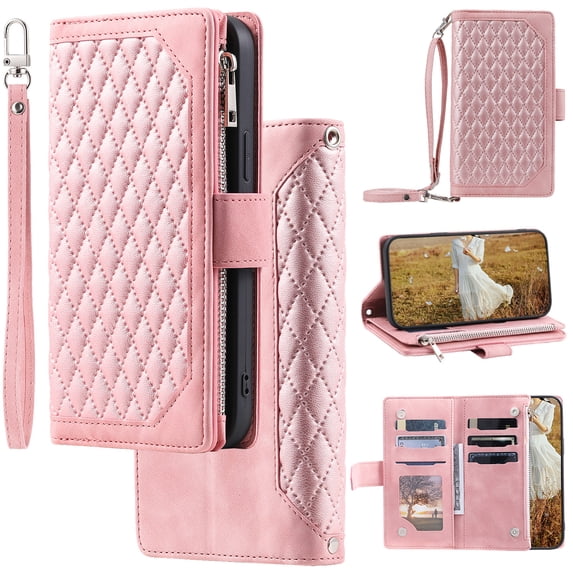 for iPhone 16e Crossbody Wallet Case Flip Stand PU Leather RFID Blocking Card Slots Shockproof Magnetic Closure Zipper Pocket with Detachable Hand Strap&Shoulder Strap Cover, Rosegold