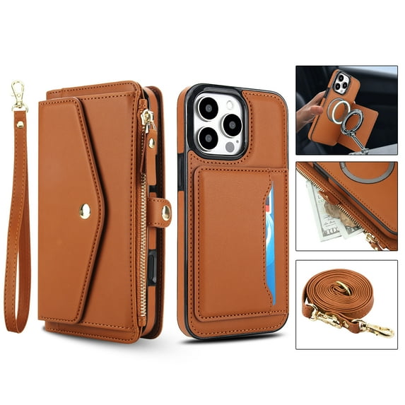 For iPhone 16e Crossbody Wallet Phone Case,Magnetic Detachable Flip,With Wrist Strap&Shoulder Strap,Zipper Pocket,Card Holder,Compatible with Mag-Safe,PU Leather Shockproof Case,Brown