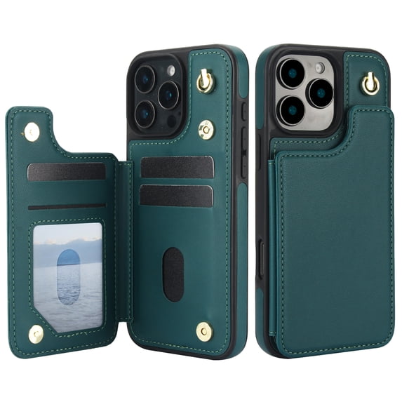 For iPhone 16e Crossbody Wallet Phone Case,With Shoulder Strap,Card Slots,Back Double Magnetic Clasp PU Leather Flip Kickstand,Durable Shockproof Anti-fall Phone Case Cover,Green