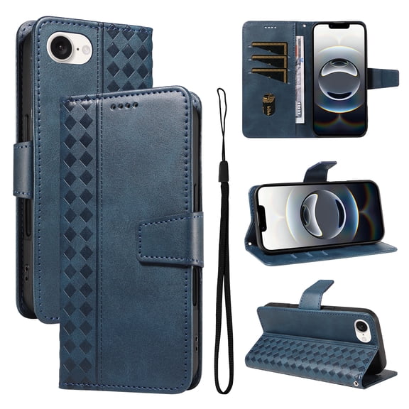 for iPhone 16e Flip Case with Cash Slot Credit Card Slots Kickstand PU Leather Shockproof Lightweight Full Body Protective Magentic Clasp Rugged Case Cover with Wrist Strap, Blue
