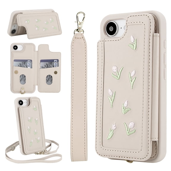 for iPhone 16e Floral Pattern Wallet Case, Magnetic Snap PU Leather Credit Card Holder Stand Wrist Shoulder Strap Flip Cover, for iPhone 16e Protective Case for Girls Women, White