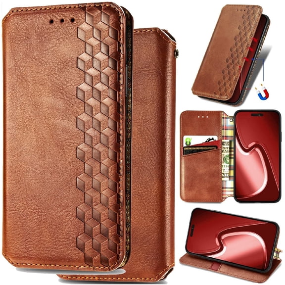 for iPhone 16e Leather Phone Case Wallet, Built in Magnetic Folio Flip Cover Ultra Thin Slim, Multi Hidden Card Holder Cash Slot, Fashion Plaid Lining, Kickstand