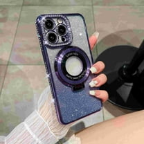 for iPhone 16e Luxury Case, Magnetic Gradient Glitter Paper Ring Bracket Diamond Shockproof Protective Plating TPU Wireless Charging Phone Case Cover for iPhone 16e, Purple