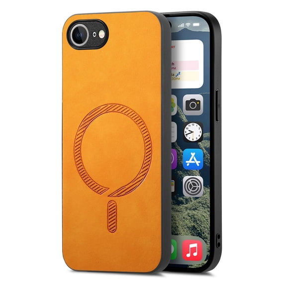 for iPhone 16e Magnetic Case, Luxury PU Leather Skin-Feel Back Protective Phone Cover Compatible with Mag-Safe Support Car Mount Holder for iPhone 16e, Yellow