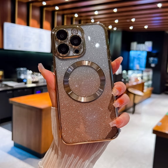 for iPhone 16e Magnetic Case, Sparkle Glitter Case Compatible with Mag Safe Camera Lens Film Protection Bling Case Anti-Scratch Shockproof Phone Case for iPhone 16e,Gold