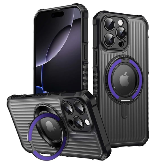 For iPhone 16e Magnetic Phone Case,360°Rotatable Ring Kickstand,Compatible with Mag-Safe,4 Thickened Corners Protective,Clear Logo View,Shockproof Non-slip Translucent Phone Case,Purple