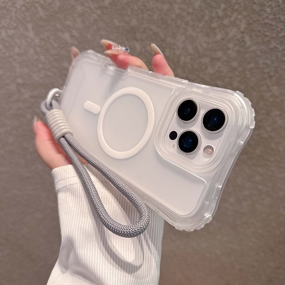 For iPhone 16e Magnetic Phone Case,With Wrist Strap,Compatible with Mag-Safe,3-in-1 Heavy Duty Shockproof Frosted Translucent Rugged Anti-Scratch Anti-Drop Slim Phone Case,White