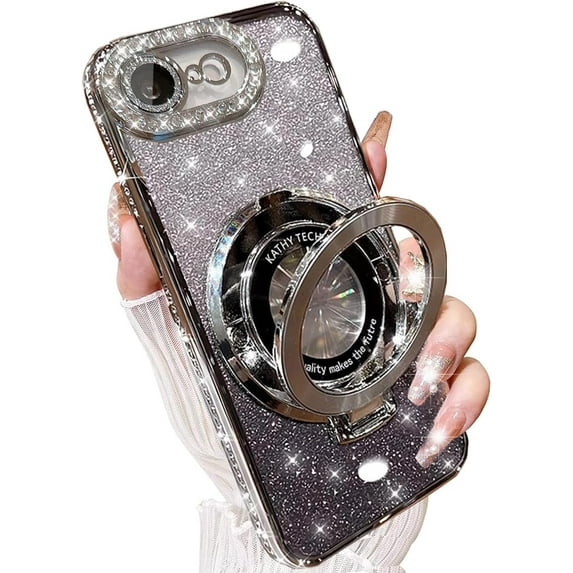 for iPhone 16e Magnetic Ring Stand Case Compatible with MagSafe, Bling Sparkly Phone Cover with Crystal Diamonds Rhinestone Case with Camera Lens Protector for iPhone 16e 6.1" (Silver)