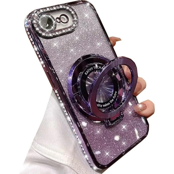 for iPhone 16e Magnetic Ring Stand Case Compatible with MagSafe, Cute Bling Sparkly Phone Cover with Crystal Diamonds Rhinestone Case with Camera Lens Protector for iPhone 16e 6.1" (Purple)