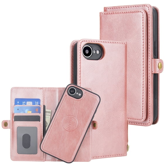 for iPhone 16e PU Leather 2 in 1 Case, Detachable Magnetic Wallet Case with Card Holder, Removable Flip Folio Cover with Stand Shockproof Protective Phone Cover, Compatible with MagSafe, Rosegold
