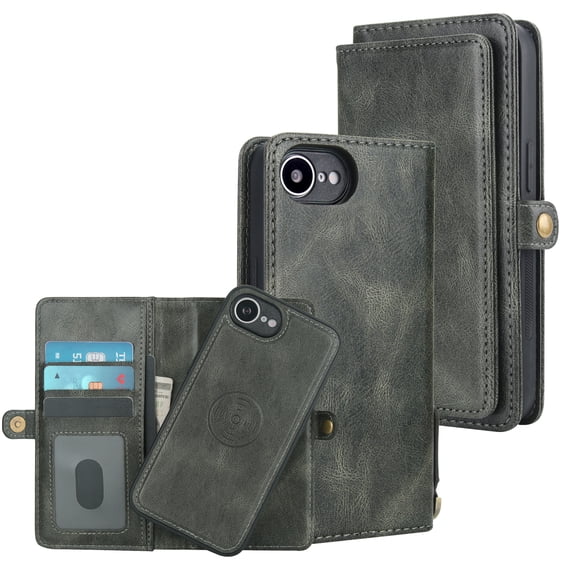for iPhone 16e PU Leather 2 in 1 Case, Detachable Magnetic Wallet Case with Card Holder, Removable Flip Folio Cover with Stand Shockproof Protective Phone Cover, Compatible with MagSafe, Darkgreen