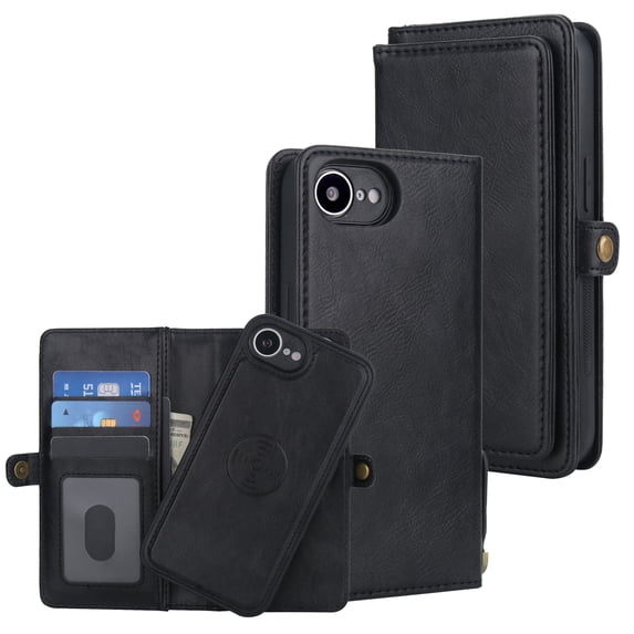 for iPhone 16e PU Leather 2 in 1 Case, Detachable Magnetic Wallet Case with Card Holder, Removable Flip Folio Cover with Stand Shockproof Protective Phone Cover, Compatible with MagSafe, Black