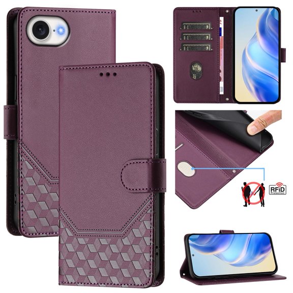 For iPhone 16e PU Leather Flip Phone Case,With Shoulder Strap&Wrist Strap,Card Holder,Flip Folding Kickstand,Diamond Pattern Embossed,Shockproof RFID Blocking Wallet Case,Darkpurple