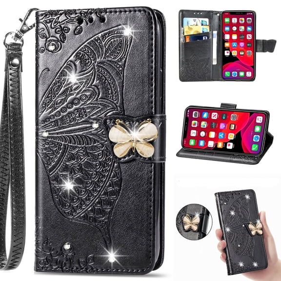 for iPhone 16e Phone Case Wallet, Women Flip Folio Cover with Credit Card Holders Diamond Emboss Butterfly Flower PU Leather Purse Wrist Strap Kickstand Case for iPhone 16e, Black