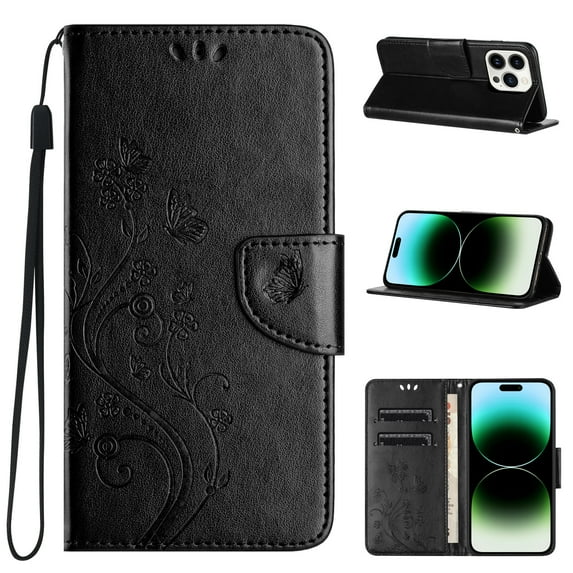 for iPhone 16e Phone Case Wallet,Women Flip Folio Kickstand Cover with Credit Card Holders Emboss Butterfly Flower PU Leather Purse Wrist Strap Shockproof Case,Black