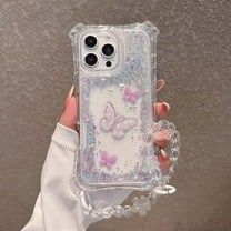 For iPhone 16e Phone Case,With Beading Wrist Strap,3-in-1 Heavy Duty,Resin Butterfly Design,Glitter Woman Girly Sparkle Shiny Shockproof Rugged Transparent Phone Case,Silver