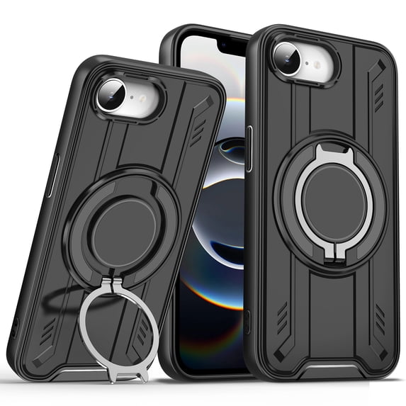 for iPhone 16e Rugged Grip Phone Case Compatible with MagSafe, 360 Rotating Ring Holder Stand Magnetic Case, Military-Grade Protection Anti-Scratch Anti-Slip Shockproof Cover,Black