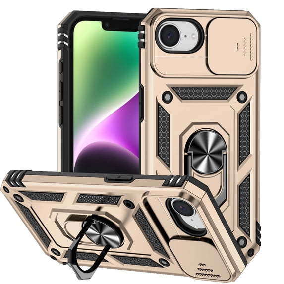 for iPhone 16e Rugged Phone Case with Sliding Camera Cover, Kickstand TPU Bumper Drop Proof Durable Military Grade Protective Case Cover for iPhone 16e, Gold