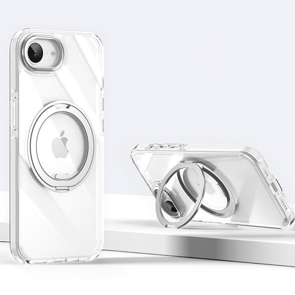 for iPhone 16e Transparent Case with Rotating Ring Kickstand, Strong Magnetic Shock-Absorbent Anti-Fingerprint Lightweight Anti-Scratch Protective Anti-Yellow Ultra Slim Case Cover, White