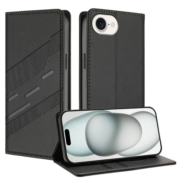 for iPhone 16e Wallet Case with 2 Card Slots & Cash Pocket, Premium PU Leather Classic Kickstand Full Body Protective Ultra Slim Shockproof Folio Flip Case for Women and Men, Black