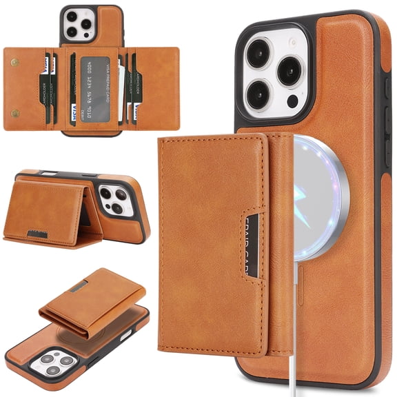 for iPhone 16e Wallet Case with 7 Card Slots, Detachable Magnetic Back Cover, Premium PU Leather Kickstand Drop Protective Shockproof Classic Flip Case for iPhone 16e, Brown